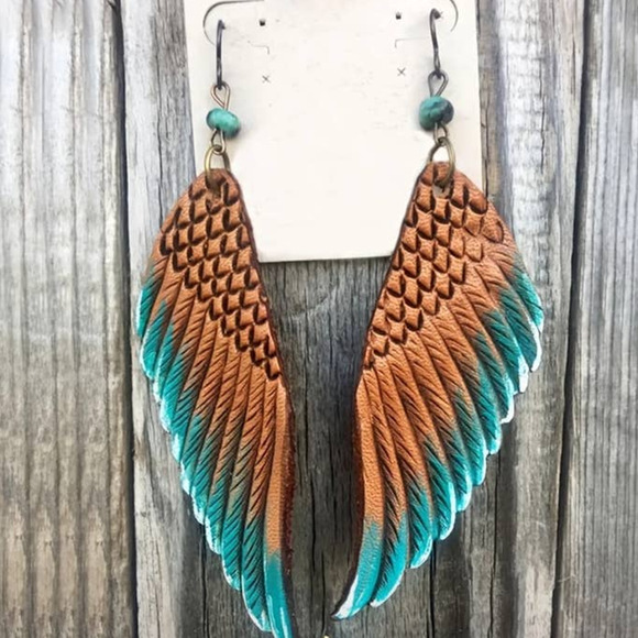 Leather‎ Wing Drop Earrings Two Tone Metal Pattern Dangle Earrings - Picture 5 of 6